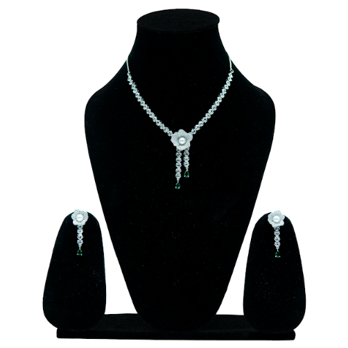 Elegant Green Stone Necklace and Earring Set with Floral Pendant